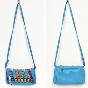 Crossbody Y2K Foldover Purse Multicolor Buckle Straps Grommets Blue Faux Leather
